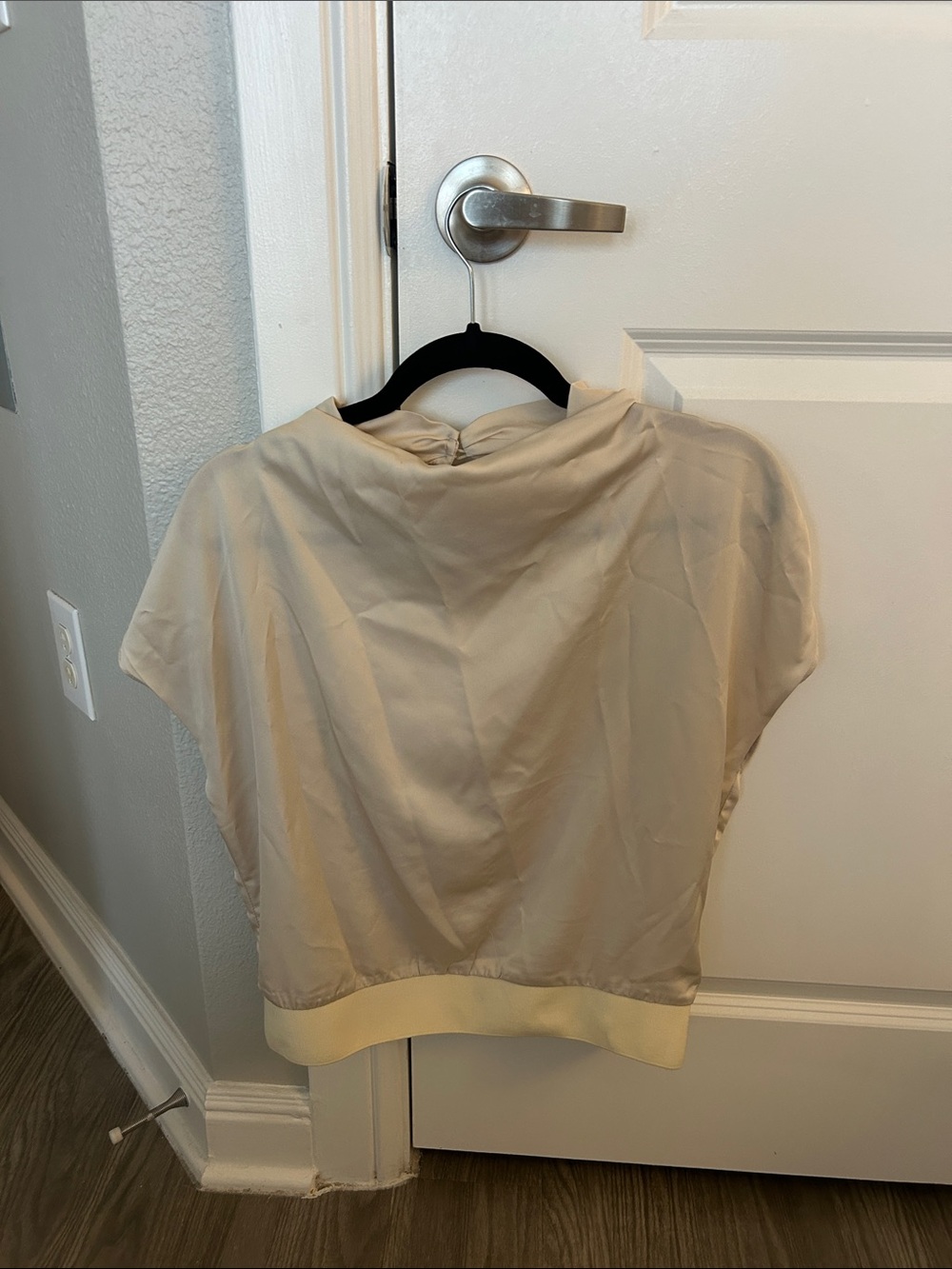 Heartloom Cream Short Sleeve Satin Blouse with Elastic Hem